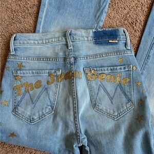 MOTHER Light Blue Denim Flare Jeans with Gold Glitter 'The Jean Genie'